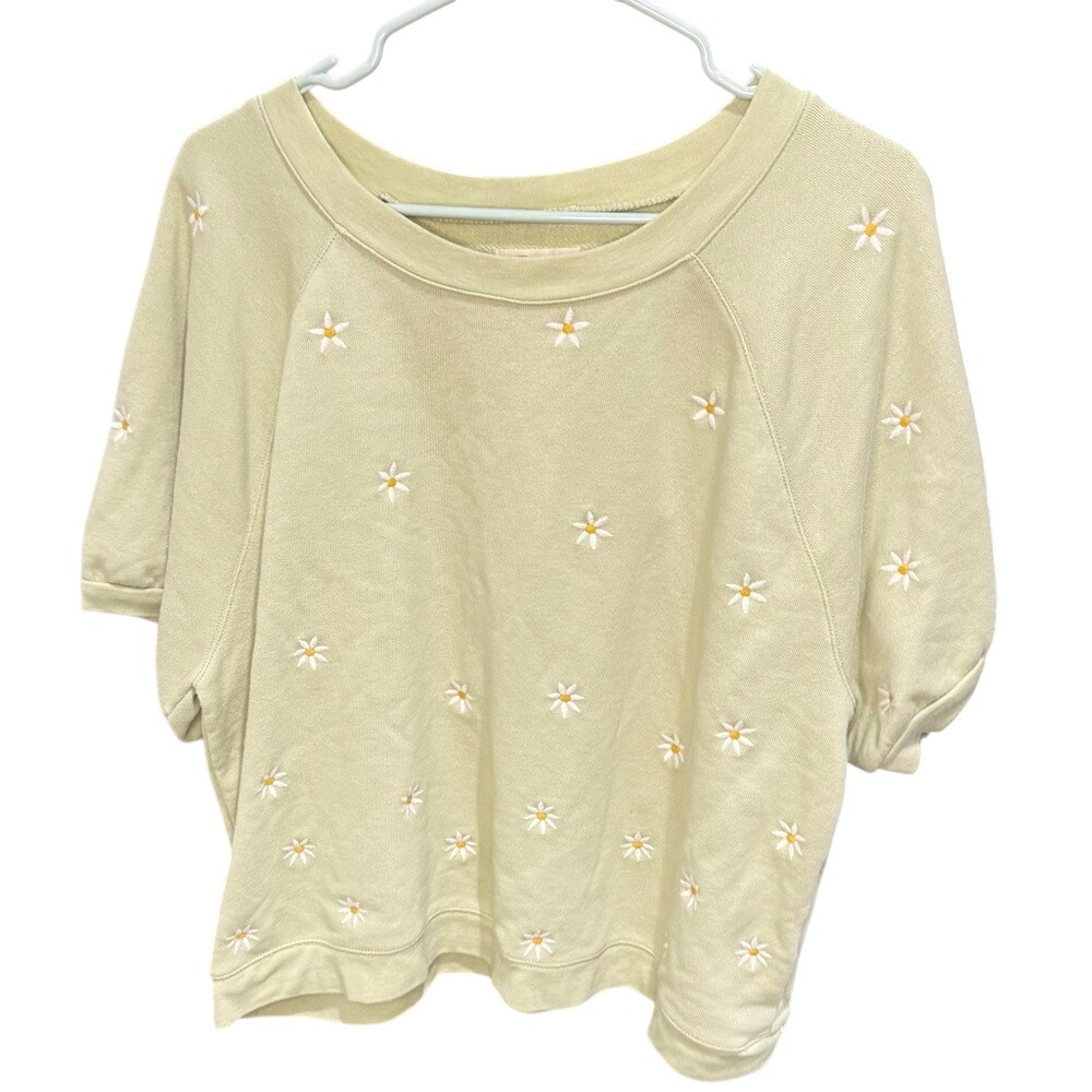 Madewell Daisy Embroidered Short Sleeve Sweatshirt Sage Green XL Raglan Crewneck